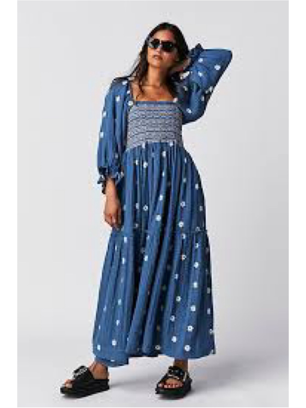 💙🌻NWT Free People Women’s Dahlia Floral Boho Embroidered Smocked Maxi Dress L